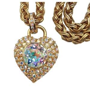 RJ Graziano AB Aurora Borealis Crystal Rhinestone Gold Tone Heart Necklace 18" *